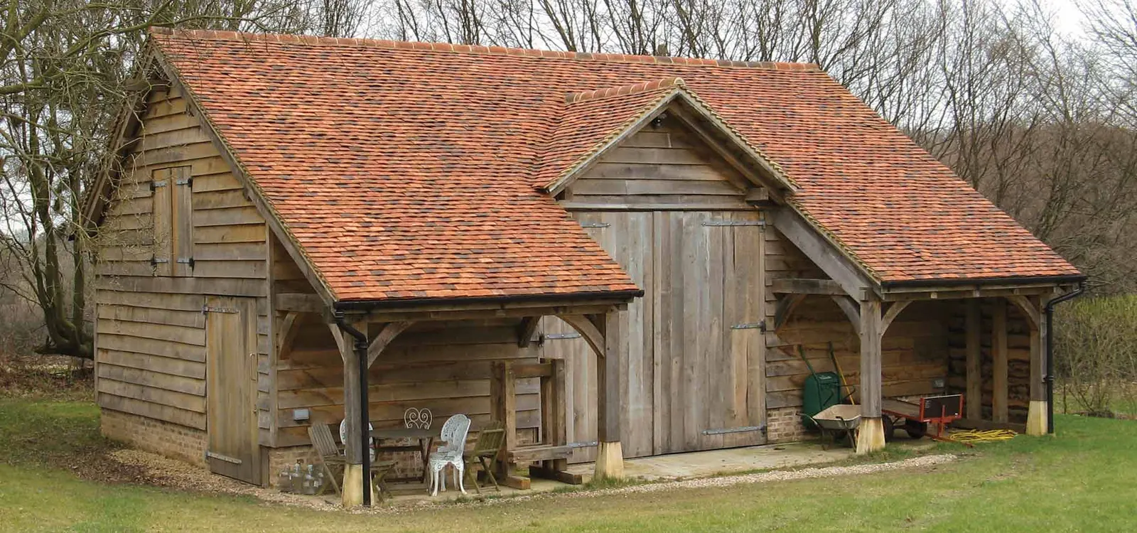 Oak-framed barn with a handmade clay tile roof